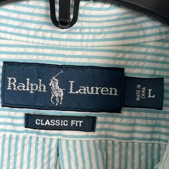 Ralph Lauren Seersucker Shirt men's Large classic fit, blue\ white stripe - Picture 5 of 5